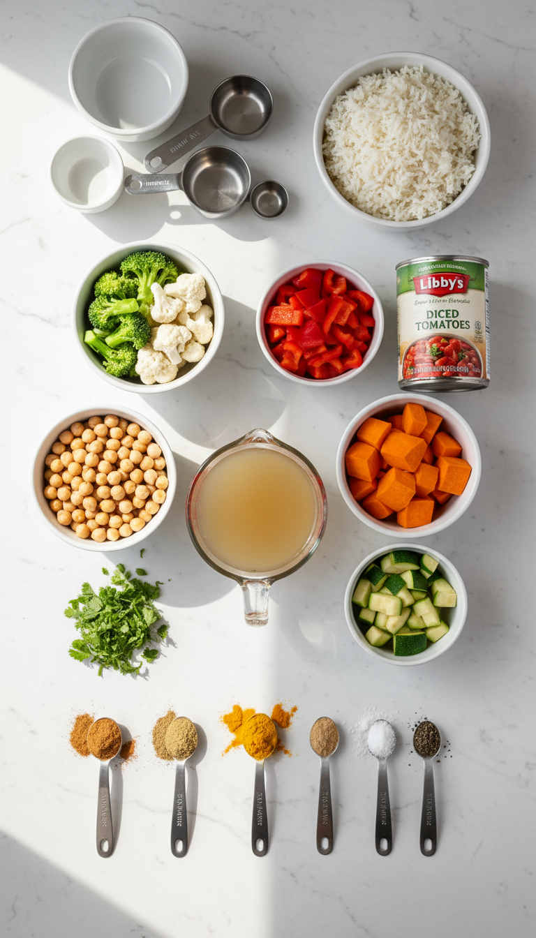 Fresh ingredients laid out for easy sweet potato vegetable curry recipe including sweet potatoes, broccoli, chickpeas and aromatic spices