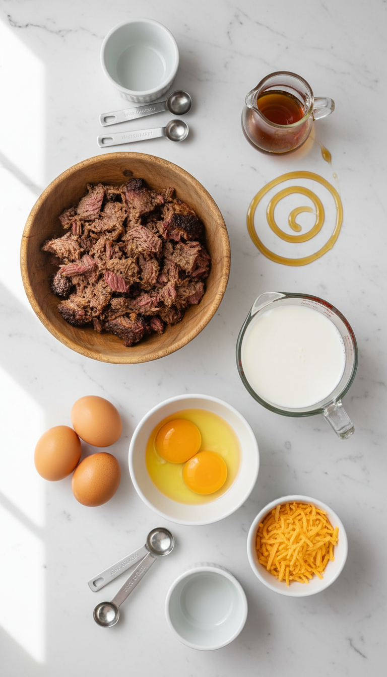 Fresh ingredients arranged for fluffy pancake smoked beef casserole including smoked beef, eggs, milk and optional cheddar cheese