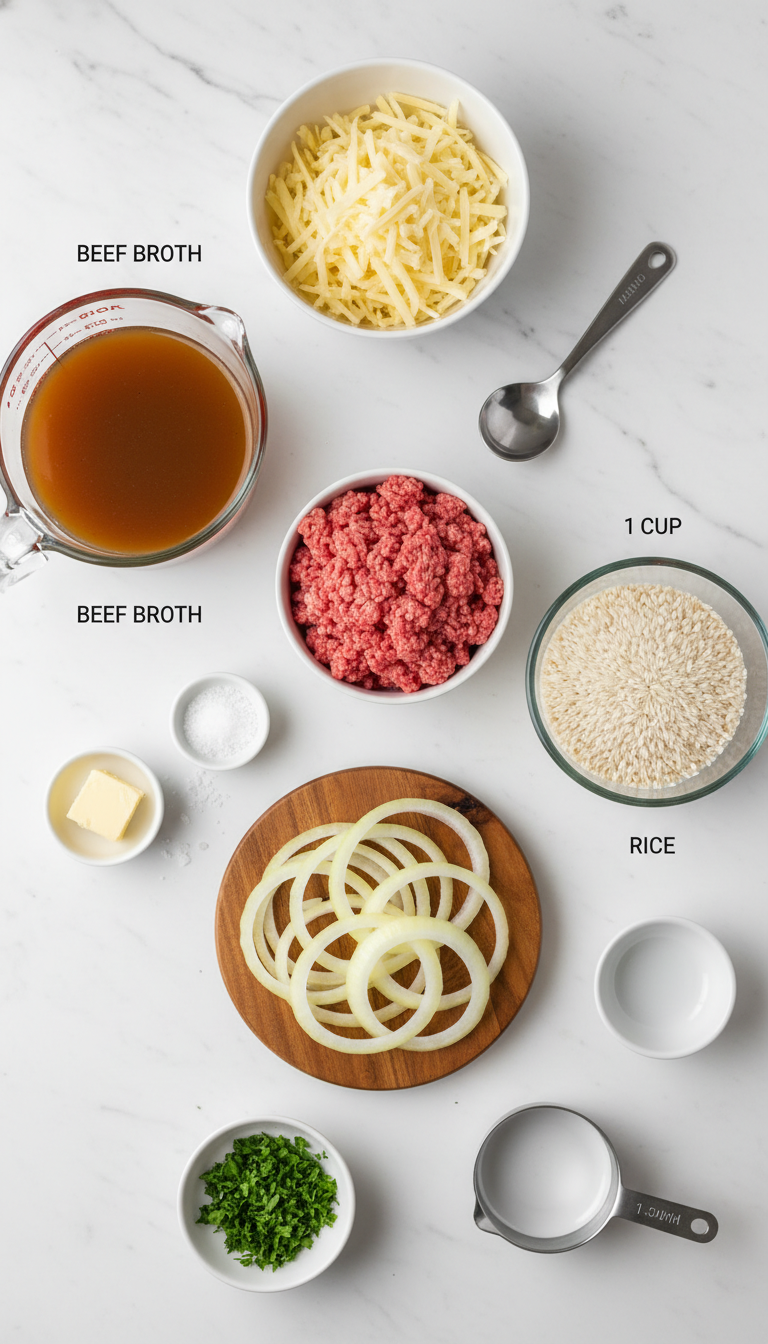 Fresh ingredients for French Onion Ground Beef and Rice Casserole including ground beef, rice, onions, cheese, and beef broth arranged on a kitchen counter