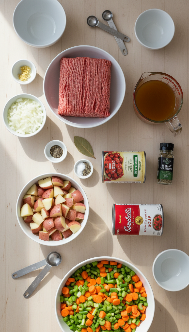 Fresh ingredients for easy hamburger soup including ground beef, diced onions, garlic, potatoes, canned tomatoes, and mixed vegetables arranged on a kitchen counter