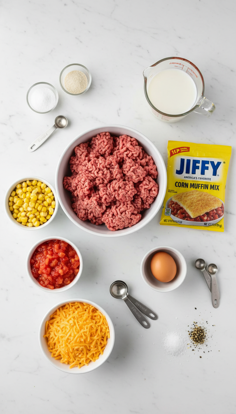 Fresh ingredients for Ground Beef Jiffy Cornbread Casserole Delight including ground beef, Jiffy cornbread mix, corn, diced tomatoes, cheese, and seasonings arranged on a wooden cutting board