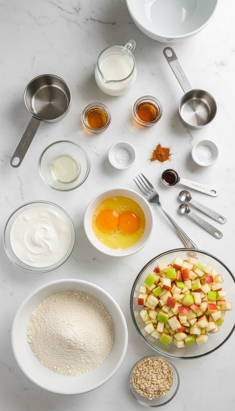 Fresh ingredients for healthy apple oat muffins including eggs, Greek yogurt, oats, apples, and spices arranged on a clean kitchen counter