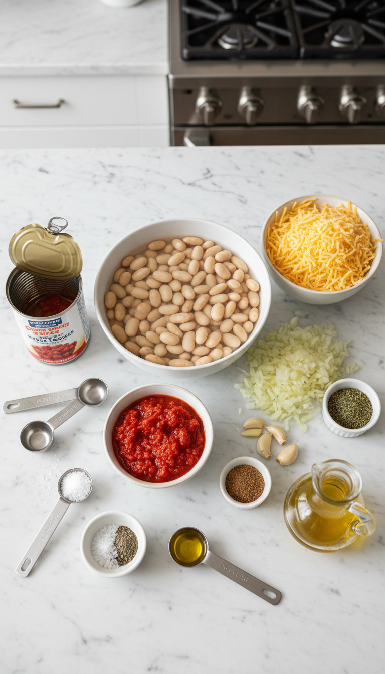 Fresh ingredients for hearty baked white beans including soaked white beans, diced tomatoes, onion, garlic, herbs, and shredded cheese arranged on a wooden cutting board