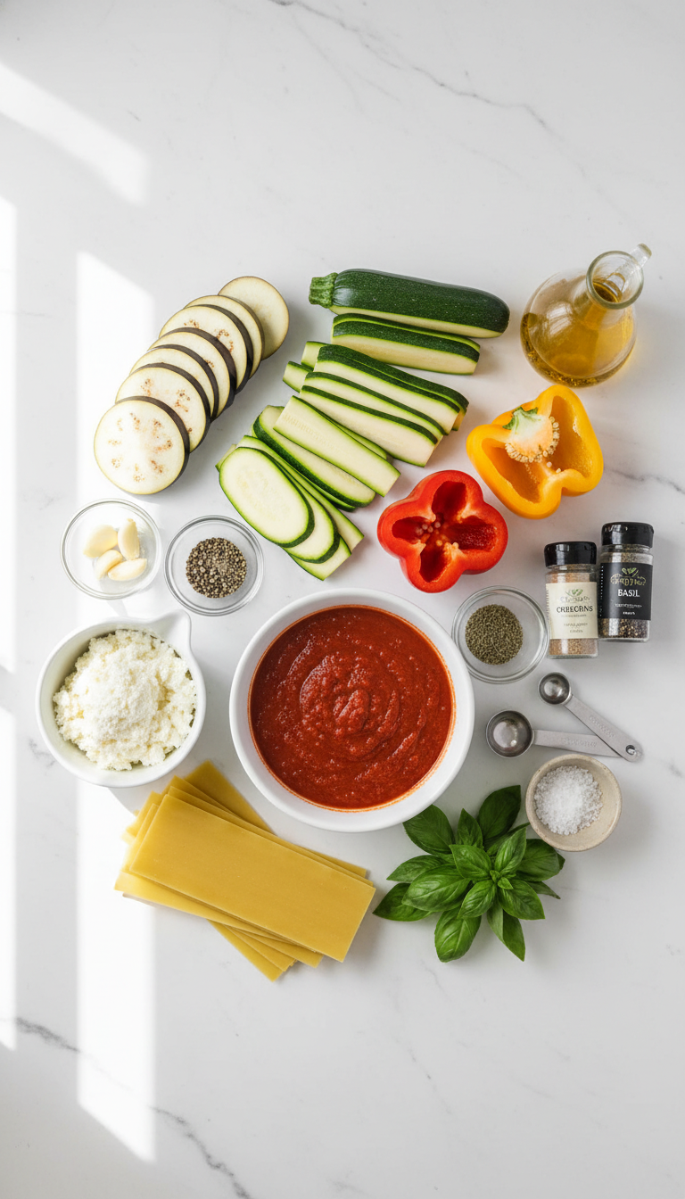 Fresh ingredients for Layered Mediterranean Vegetable Lasagna with Creamy Ricotta including eggplant, zucchini, bell peppers, ricotta cheese, and herbs arranged on a kitchen counter