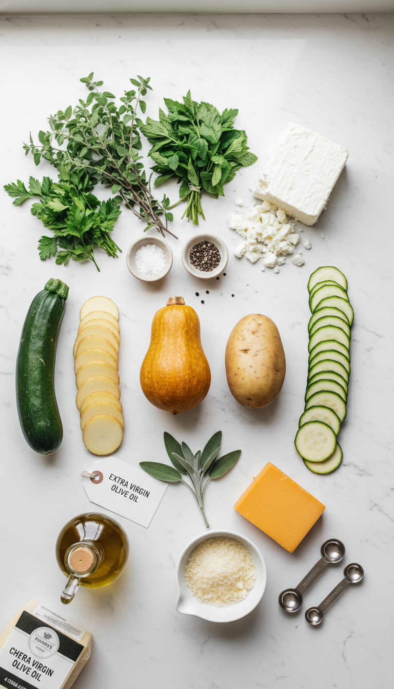 Fresh ingredients for Boureki casserole including sliced potatoes, zucchini, feta cheese, and Mediterranean herbs arranged on a marble surface