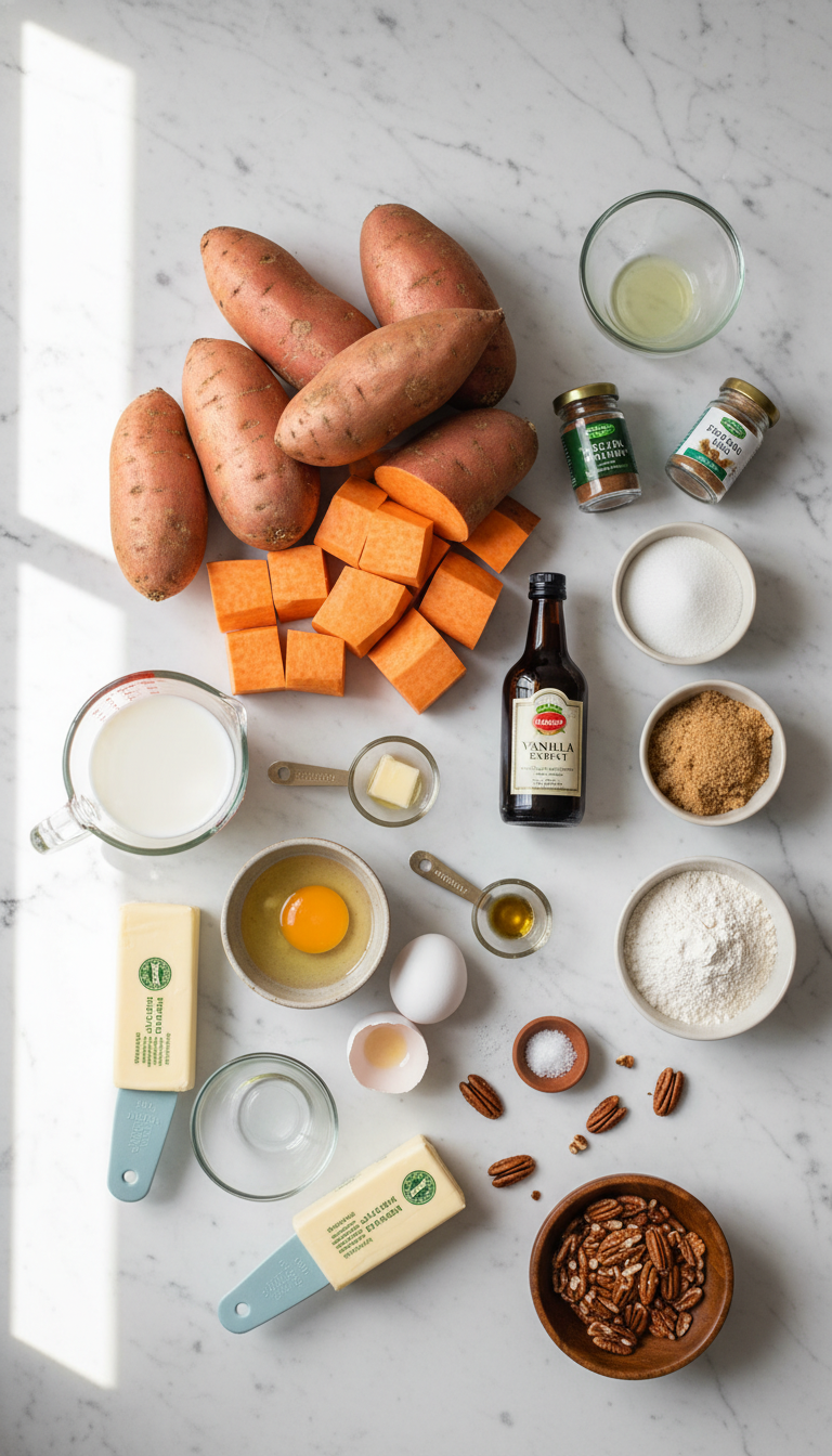 Fresh ingredients for sweet potato casserole with butter pecan crumble topping including sweet potatoes, eggs, butter, milk, brown sugar, and pecans arranged on a kitchen counter