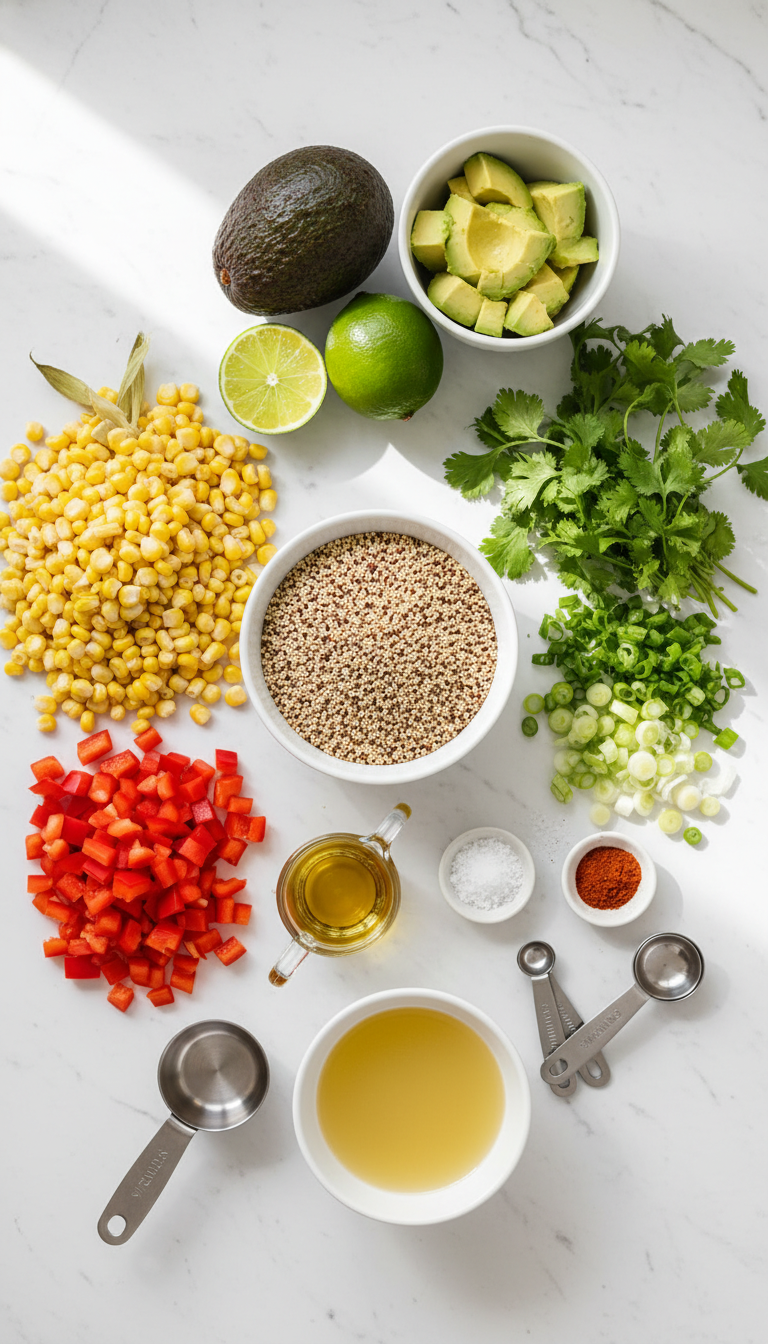 Fresh ingredients for Mexican Street Corn Quinoa Salad including quinoa, corn, red bell pepper, cilantro, avocado, and lime