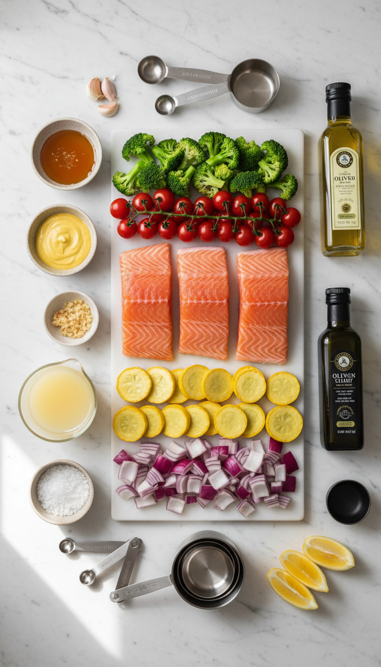 Fresh ingredients for Sheet Pan Honey Mustard Salmon with Rainbow Veggies including salmon fillets, colorful vegetables, honey, and Dijon mustard arranged on a white surface