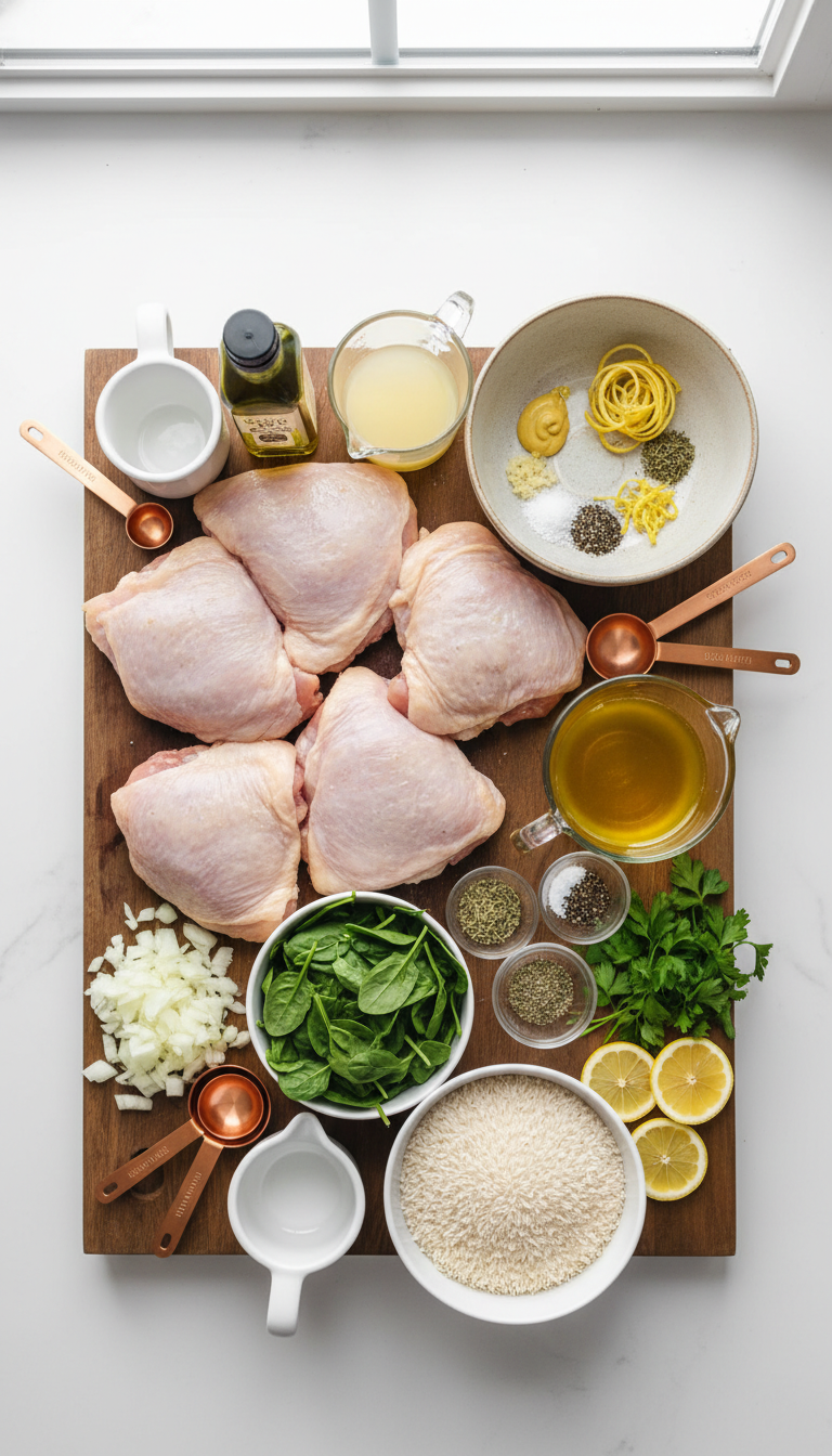 Fresh ingredients for Best Chicken and Rice One Pan recipe including chicken thighs, lemons, garlic, herbs, and rice arranged on a wooden cutting board