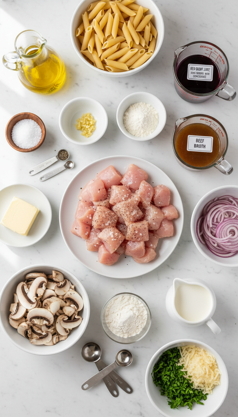 Fresh ingredients laid out for Pasta Da Vinci Cheesecake Factory Copycat including chicken, mushrooms, pasta, and seasonings