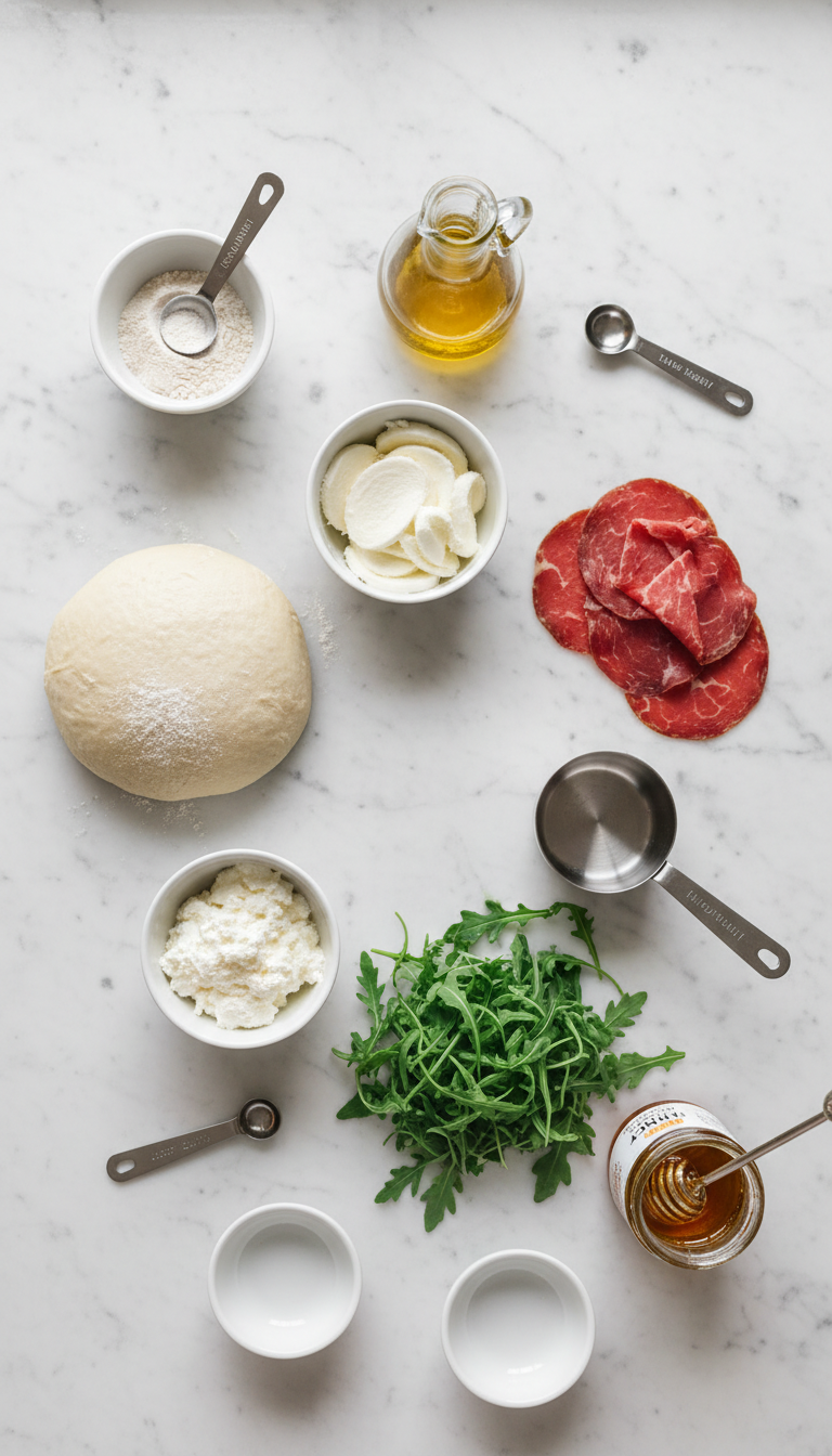 Fresh ingredients for cured beef ricotta pizza arranged on marble surface including pizza dough, ricotta cheese, cured beef slices, arugula, and hot honey