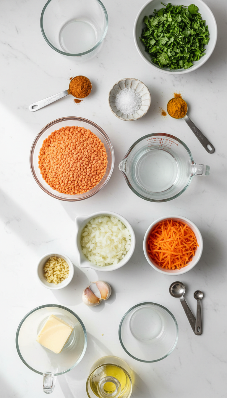 Beautifully arranged ingredients for savory red lentil pancakes including vibrant red lentils, fresh herbs, and colorful vegetables on a marble surface