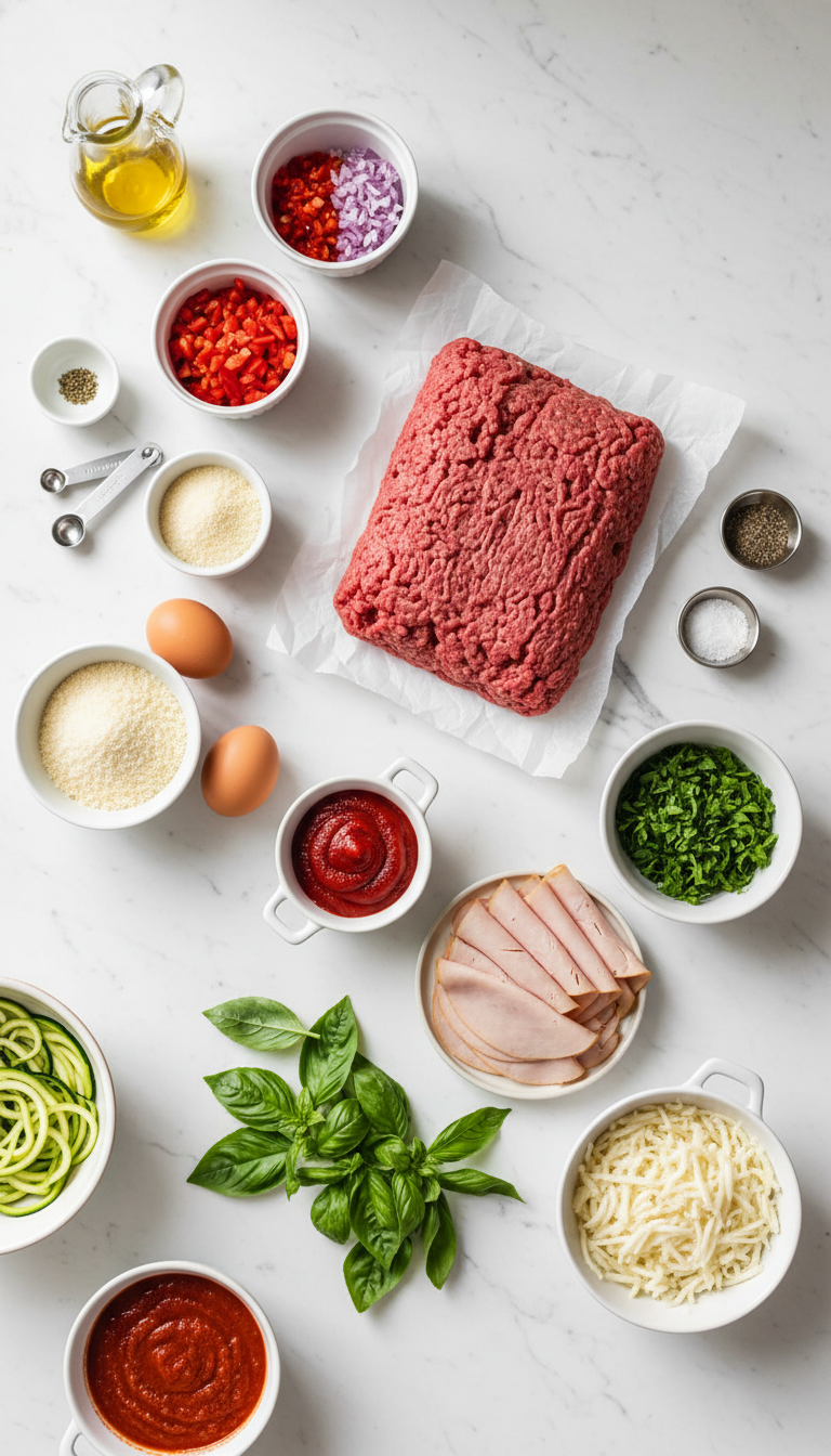 Fresh ingredients for Sicilian meatloaf including ground beef, turkey slices, mozzarella cheese, fresh basil, and vegetables arranged on a wooden cutting board