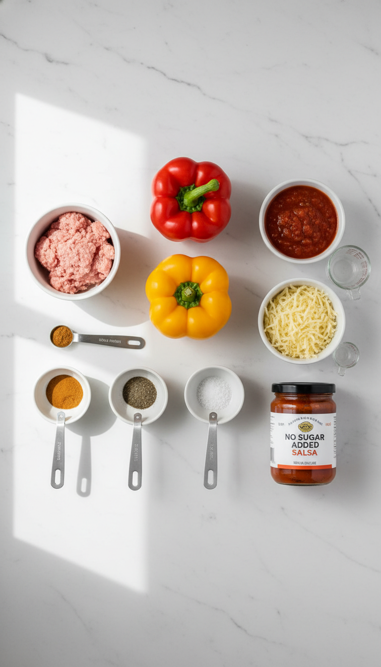 Fresh bell peppers, lean ground turkey, spices, salsa and reduced-fat cheddar cheese arranged for Skinny Bell Pepper Nacho Boats recipe