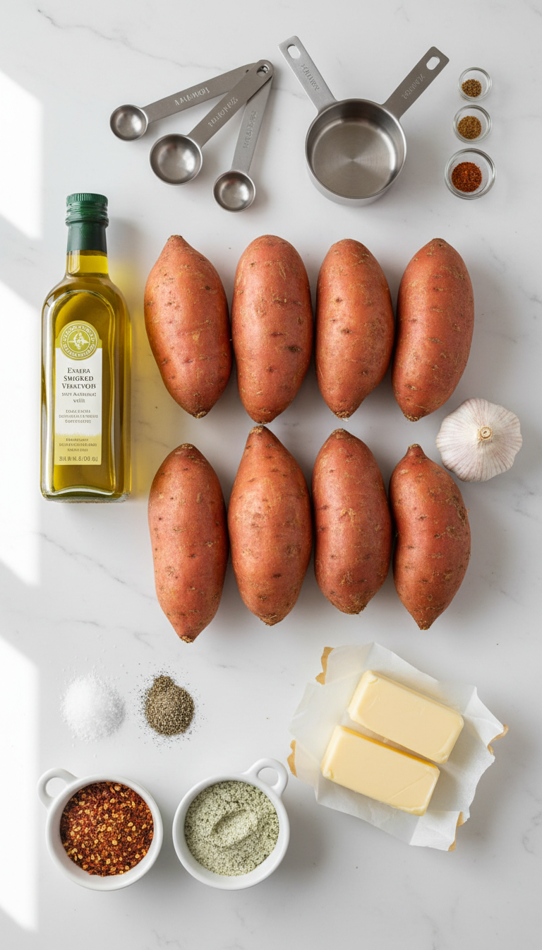 Fresh sweet potatoes, garlic bulb, olive oil, butter, and spices arranged on rustic wooden cutting board for Traeger smoked sweet potatoes recipe