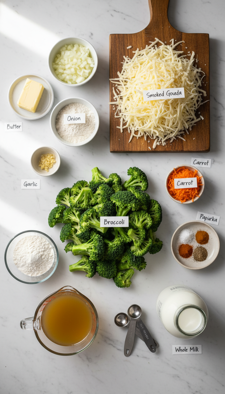 Fresh ingredients for smoked gouda broccoli soup including butter, onion, garlic, flour, broth, milk, spices, broccoli, carrot, and smoked gouda cheese arranged on a wooden cutting board