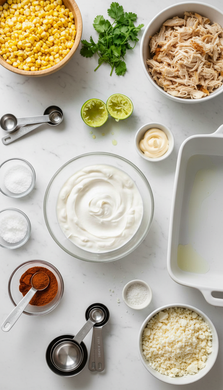 Beautifully arranged ingredients for Mexican Street Corn Casserole with Chicken featuring golden corn kernels, creamy Greek yogurt, crumbled cotija cheese, and vibrant spices