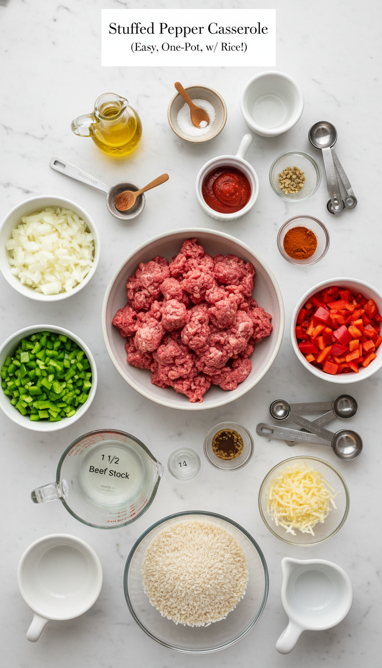 Colorful array of fresh ingredients for stuffed pepper casserole including diced bell peppers, ground beef, rice, and seasonings arranged on a marble countertop