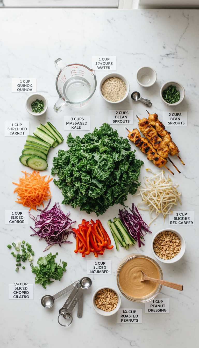 Fresh ingredients for Thai Peanut Chicken Buddha Bowls including quinoa, kale, vegetables, and chicken arranged on a wooden cutting board