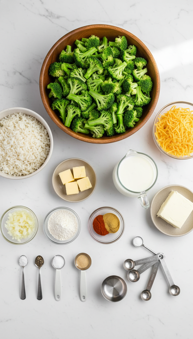 Fresh ingredients for broccoli rice casserole including vibrant green broccoli florets, cooked white rice, sharp cheddar cheese, and creamy sauce components arranged on a marble surface