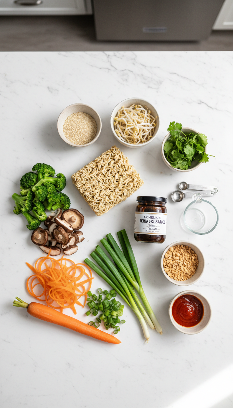 Fresh ingredients for vegan teriyaki noodles arranged artistically with vibrant broccoli, shiitake mushrooms, carrots, and ramen noodles