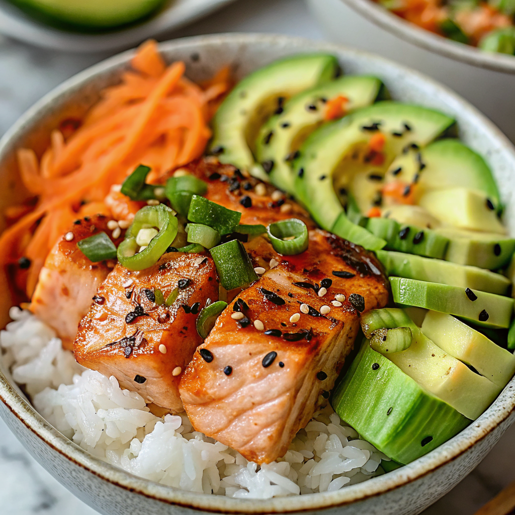 Beautiful finished spicy salmon bowls with coconut rice garnished with avocado, cucumber, carrots, green onions, sesame seeds and cilantro