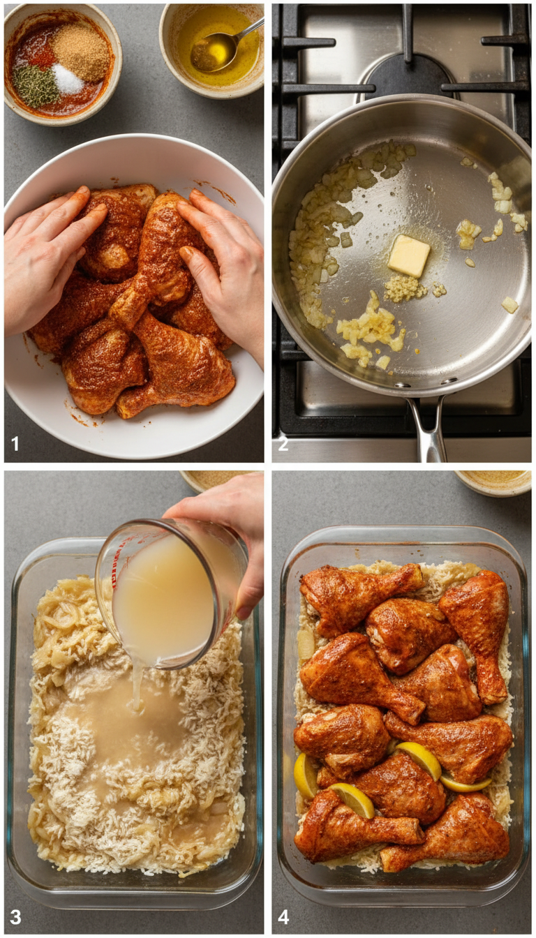 Step-by-step process showing chicken being seasoned, rice being prepared, and the final assembled dish ready for the oven