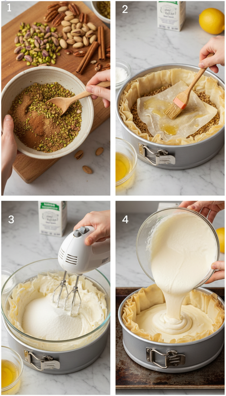 Step-by-step visual guide showing phyllo layering technique for Baklava Cheesecake