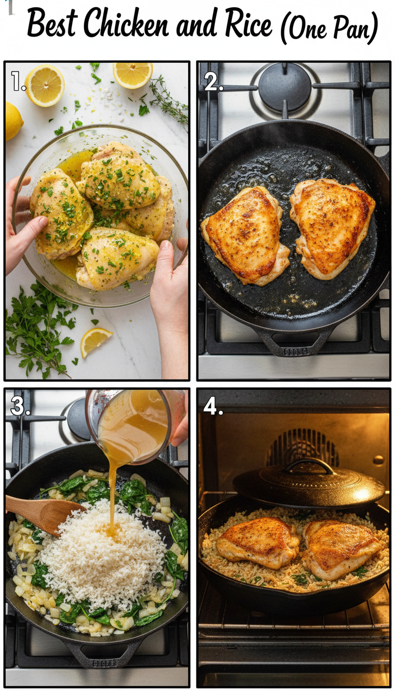 Step by step cooking process showing marinated chicken being seared in cast iron skillet with rice and vegetables