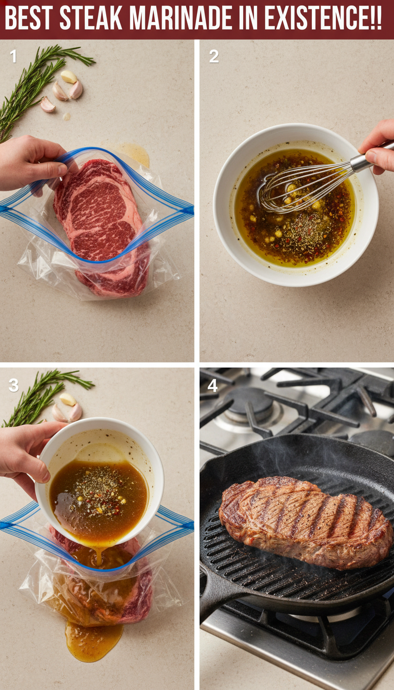 Step by step process of making Best Steak Marinade in Existence showing mixing ingredients and marinating steak in ziplock bag