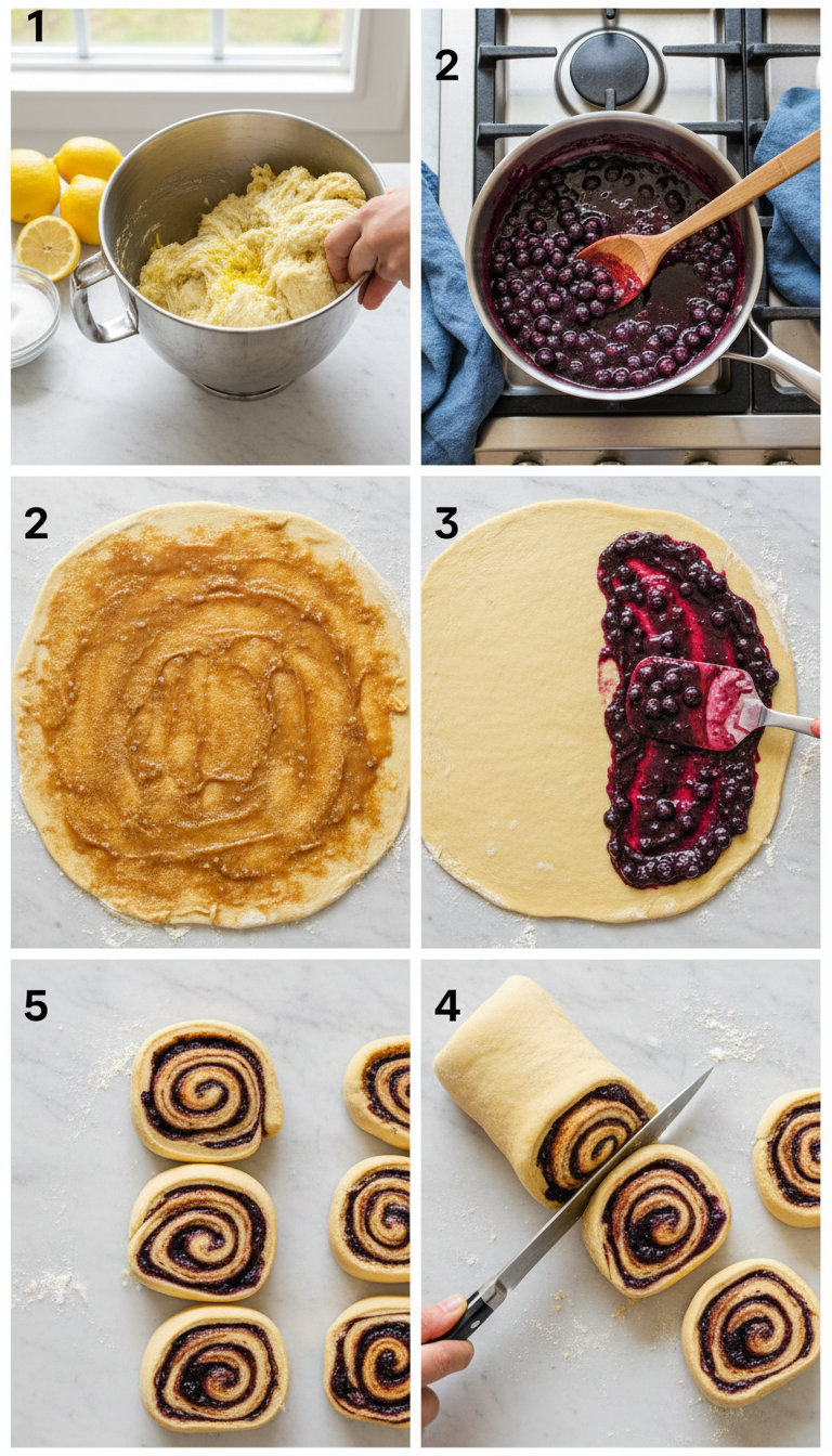Step-by-step process of making Blueberry Lemon Cinnamon Rolls showing dough preparation, filling assembly, and rolling technique