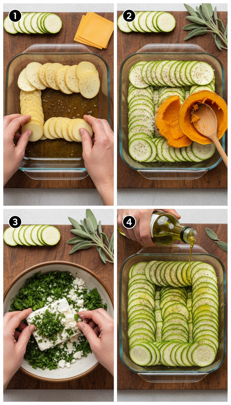 Step-by-step photos showing the layering process for Boureki casserole with potatoes, zucchini, and cheese