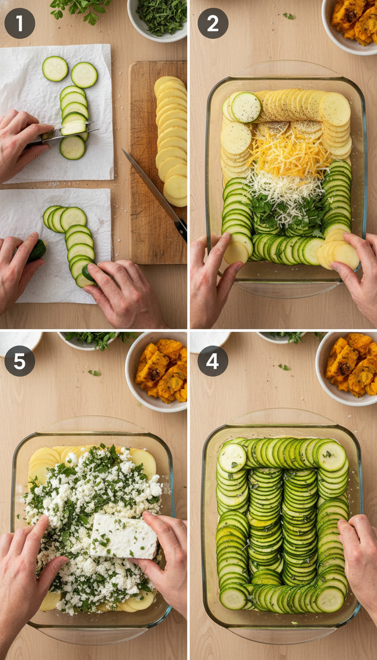 Step by step assembly process showing layered Boureki casserole construction with precise ingredient placement