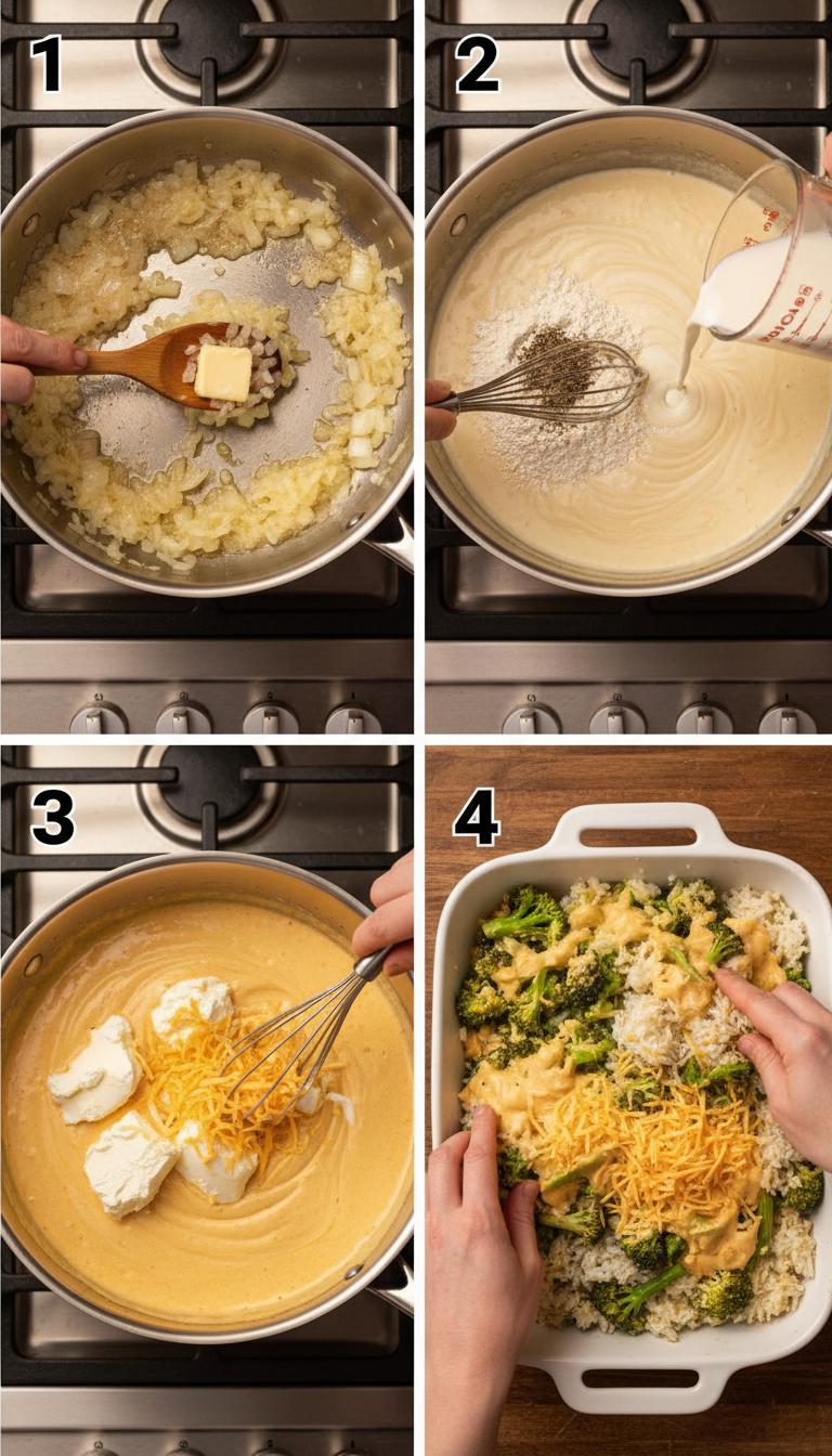 Step-by-step visual guide showing the progression from raw ingredients to finished golden broccoli rice casserole with perfectly melted cheese topping