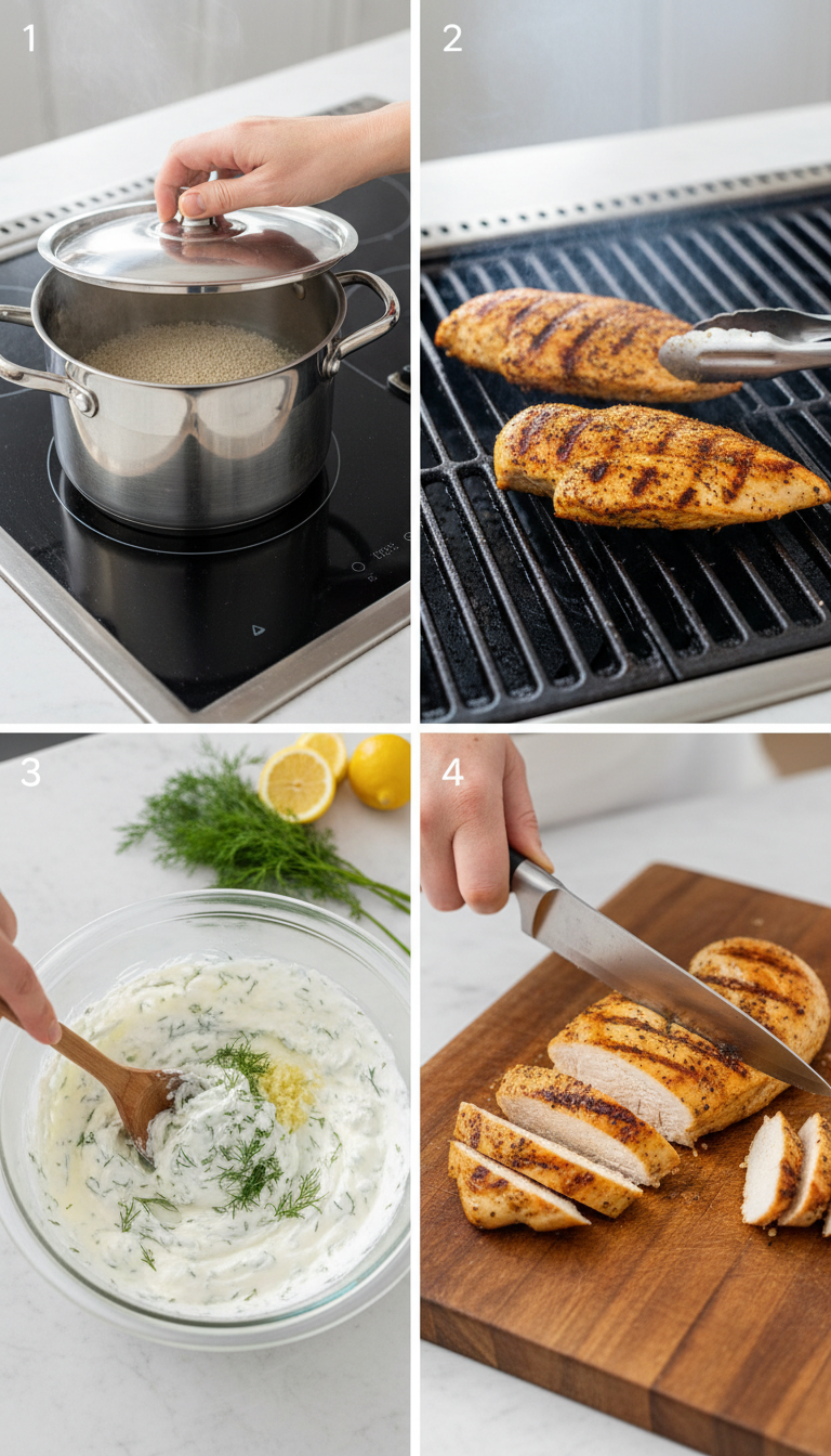 Step by step preparation photos showing quinoa cooking, chicken grilling, tzatziki mixing, and final bowl assembly