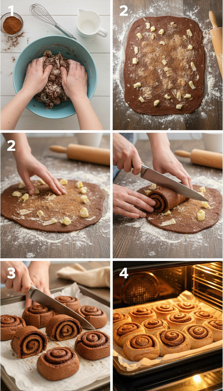 Step-by-step process of making chocolate cinnamon rolls showing dough preparation, rolling, and shaping