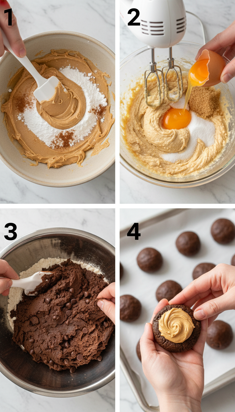 Step by step process of making Chocolate Peanut Butter Filled Cookies showing dough preparation, filling assembly, and final shaped cookies