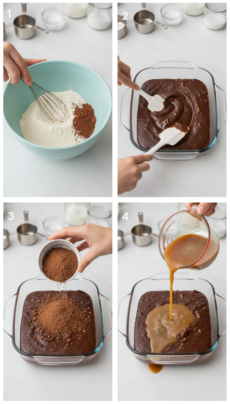 Step-by-step process of making Chocolate Turtle Cobbler showing mixing, layering, and the final baked result