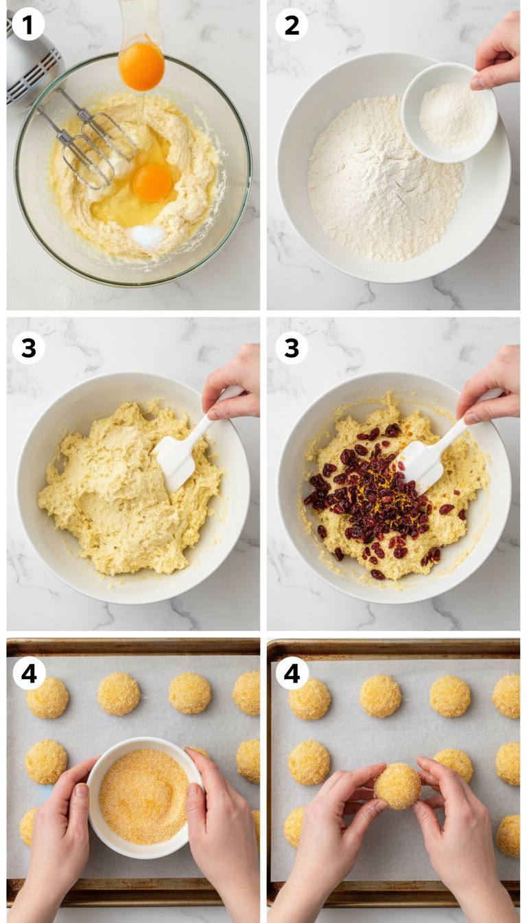 Step-by-step process of making cranberry orange cookies from mixing ingredients to baked golden cookies