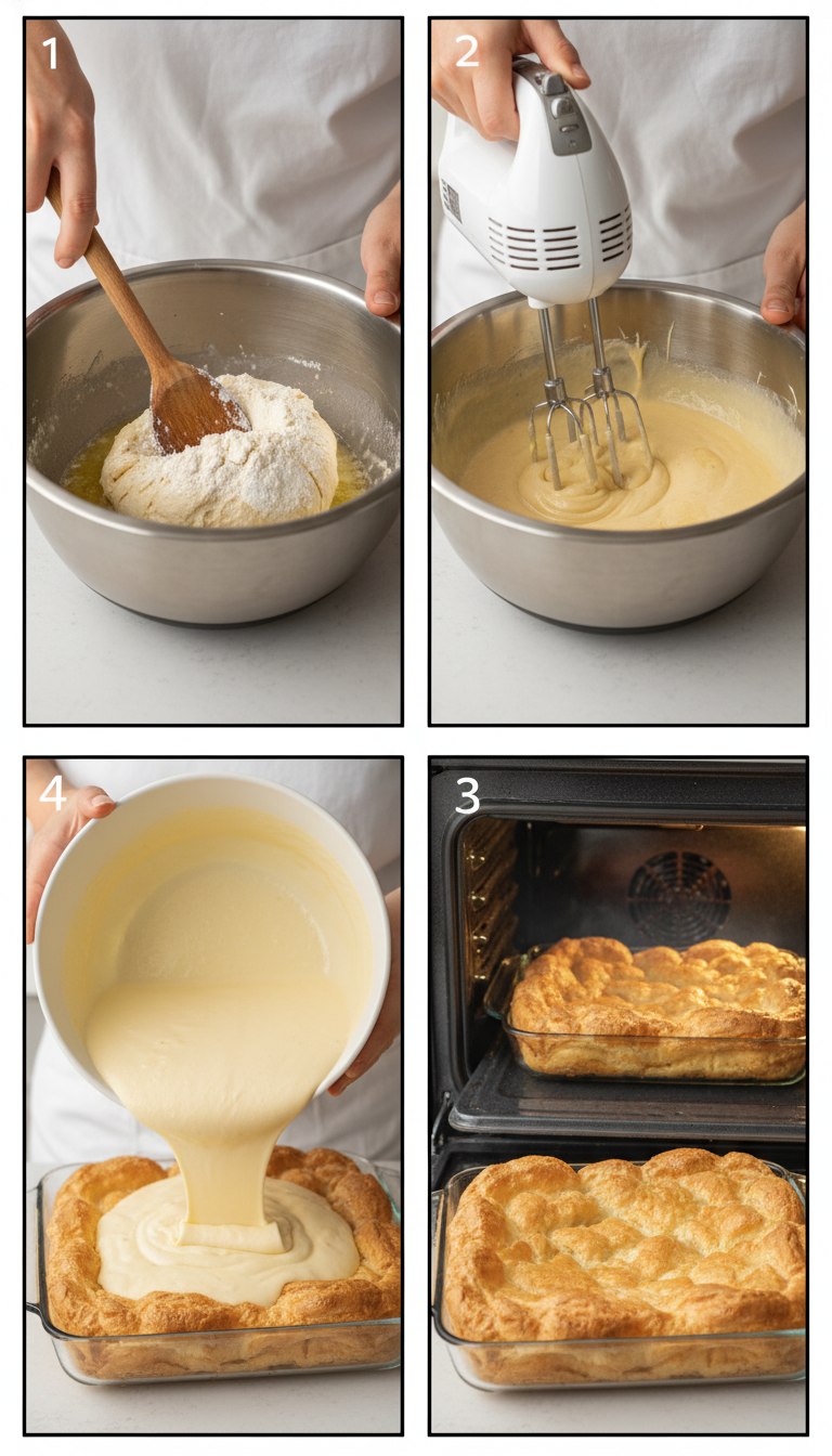Step by step process photos showing cream puff cake preparation from mixing choux pastry to final decorated cake