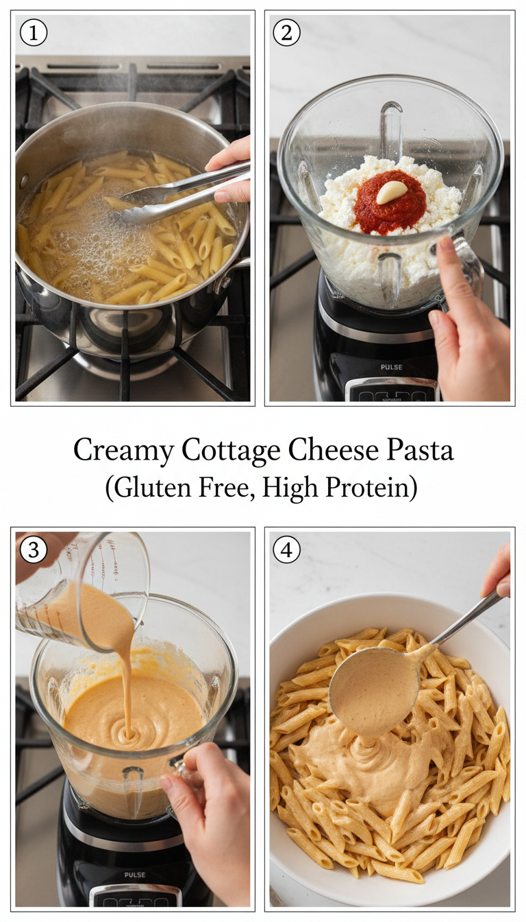 Step-by-step process showing pasta cooking, cottage cheese blending, and final sauce mixing for Creamy Cottage Cheese Pasta