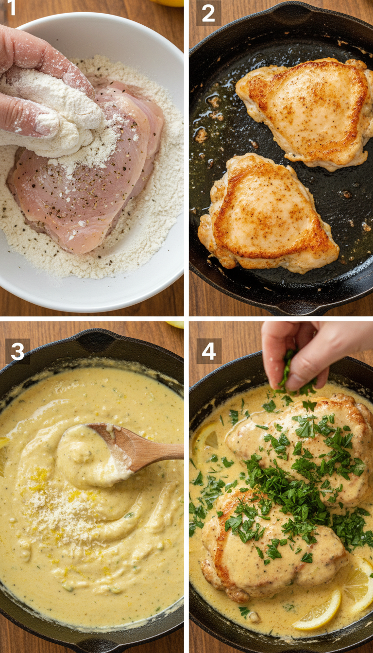 Step by step cooking process showing chicken being dredged, seared, and finished in creamy herb sauce
