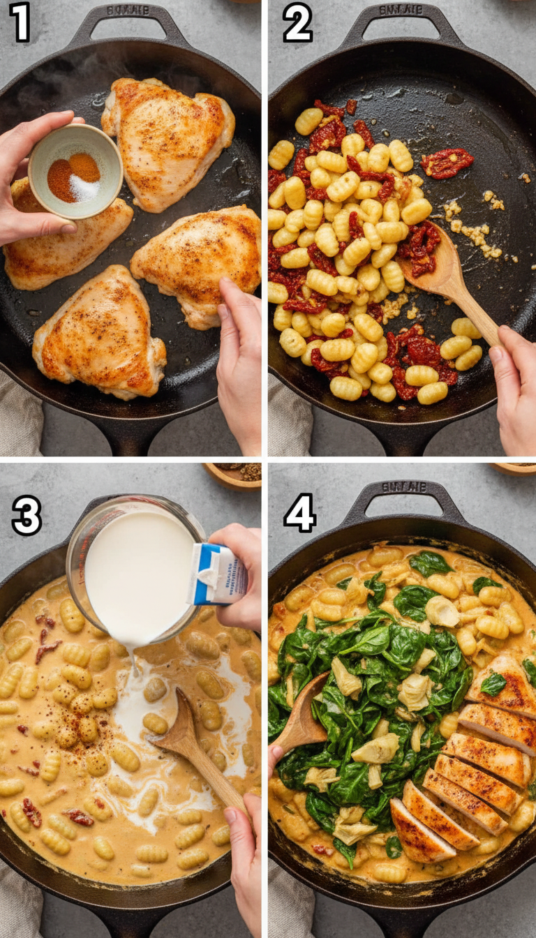 Step-by-step visual guide showing the cooking process from seasoning chicken to the final creamy Tuscan chicken and gnocchi dish