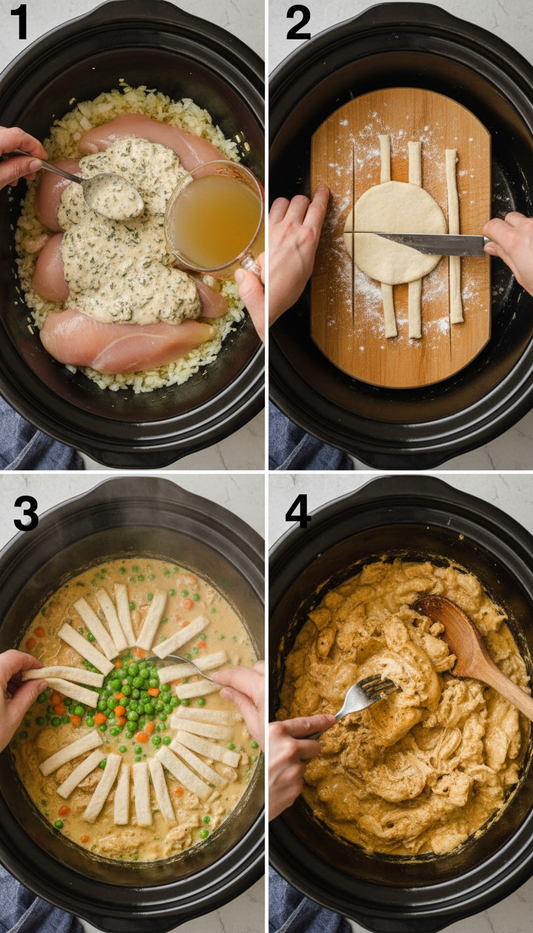 Step-by-step process showing crock pot chicken and dumplings preparation from raw ingredients to finished dish