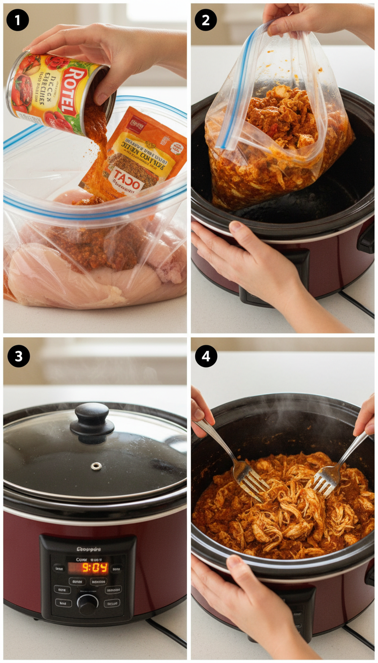 Step by step process showing chicken being placed in crockpot with seasonings and the final shredded result