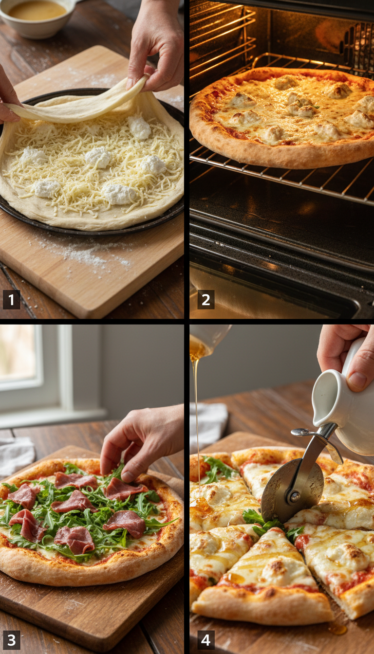 Step by step process of making cured beef ricotta pizza showing dough stretching, cheese placement, and final assembly