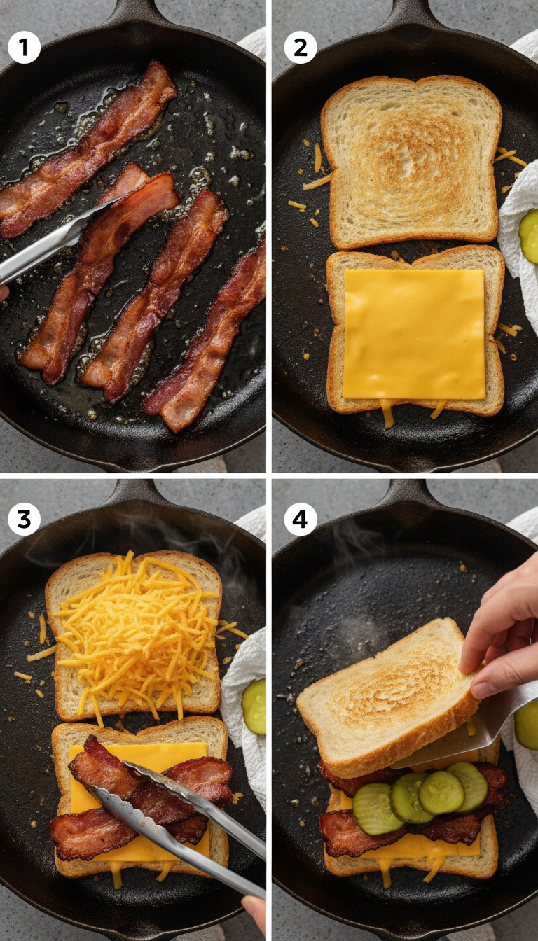 Step-by-step visual guide showing the progression of making dill pickle beef bacon grilled cheese from raw ingredients to finished golden sandwich with perfect cheese melt