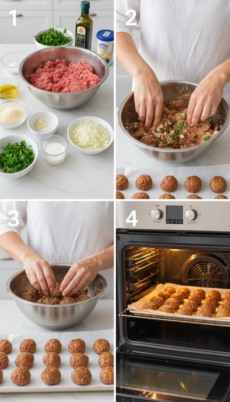Step-by-step process showing mixing ingredients, forming meatballs, and baking on parchment-lined sheet