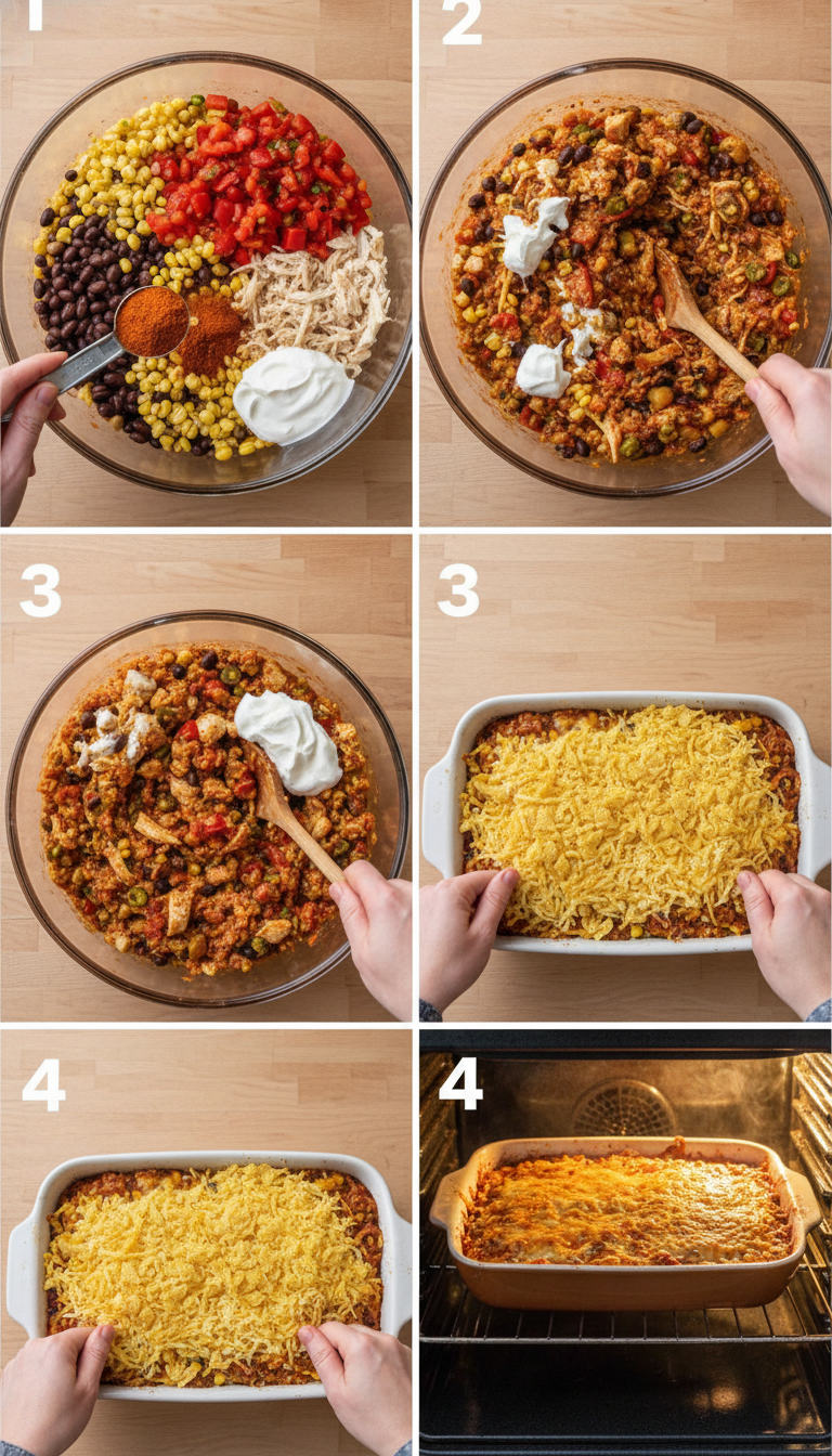 Step-by-step process showing the assembly of Easy Chicken Taco Casserole from mixing ingredients to final golden-topped presentation