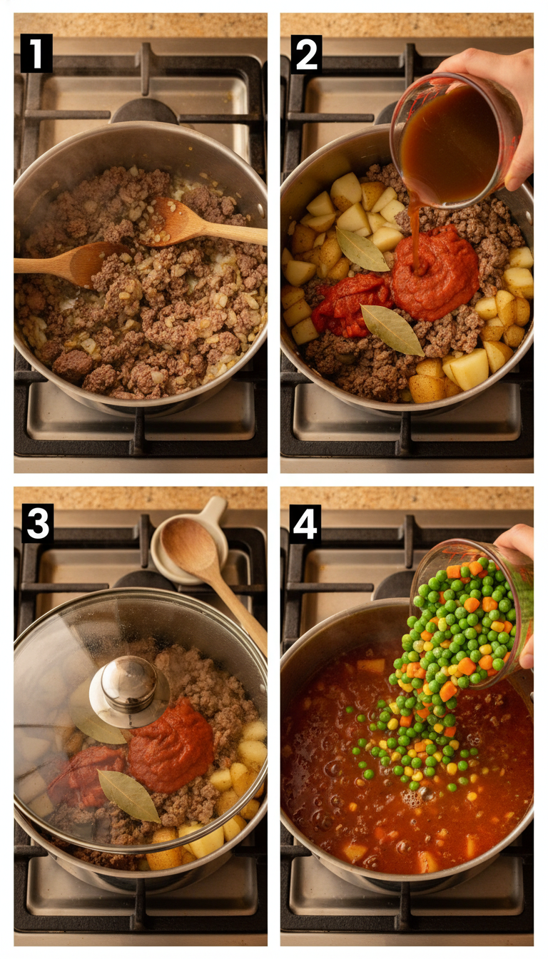 Step-by-step photos showing the process of making easy hamburger soup from browning beef to the final simmering soup